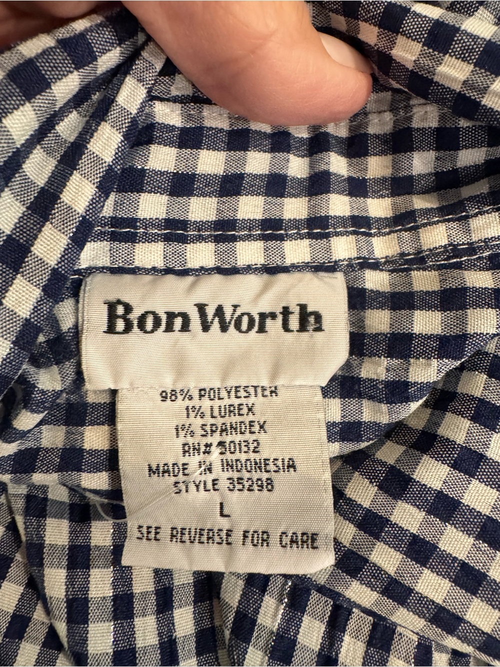 NWT BonWorth Navy and White Gingham Button-Down Top - Picture 5 of 5